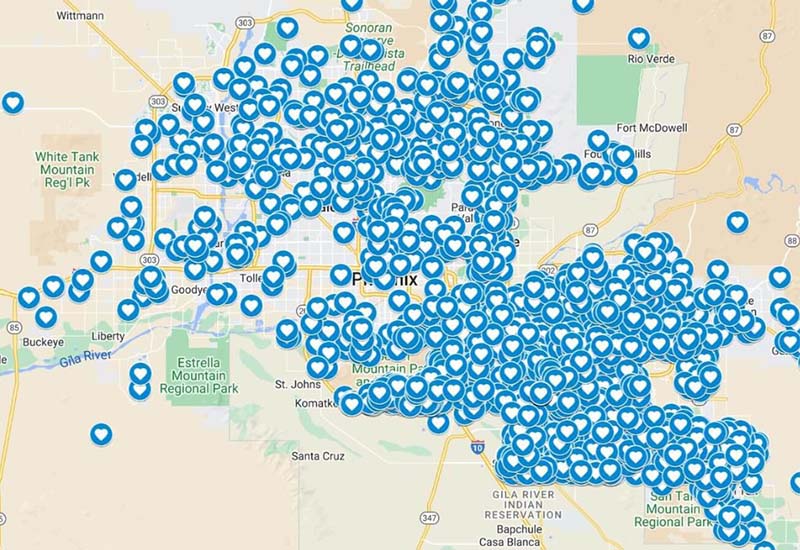 Map of vision flooring clients throughout phoenix