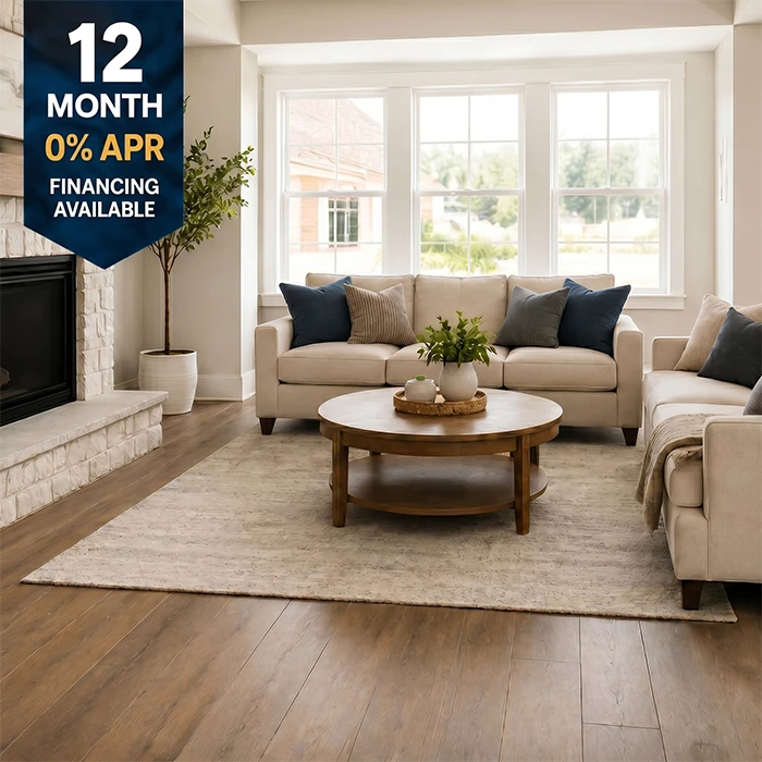 Luxury vinyl plank flooring installed in a bright Arizona living room with 12 month financing available from Vision Flooring